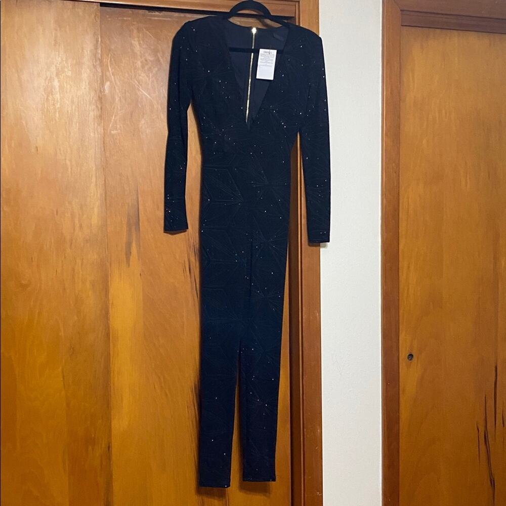 Black Long Sleeve Jumpsuit Sparkle Glitter Detail Low Cut Deep Plunge V Neck